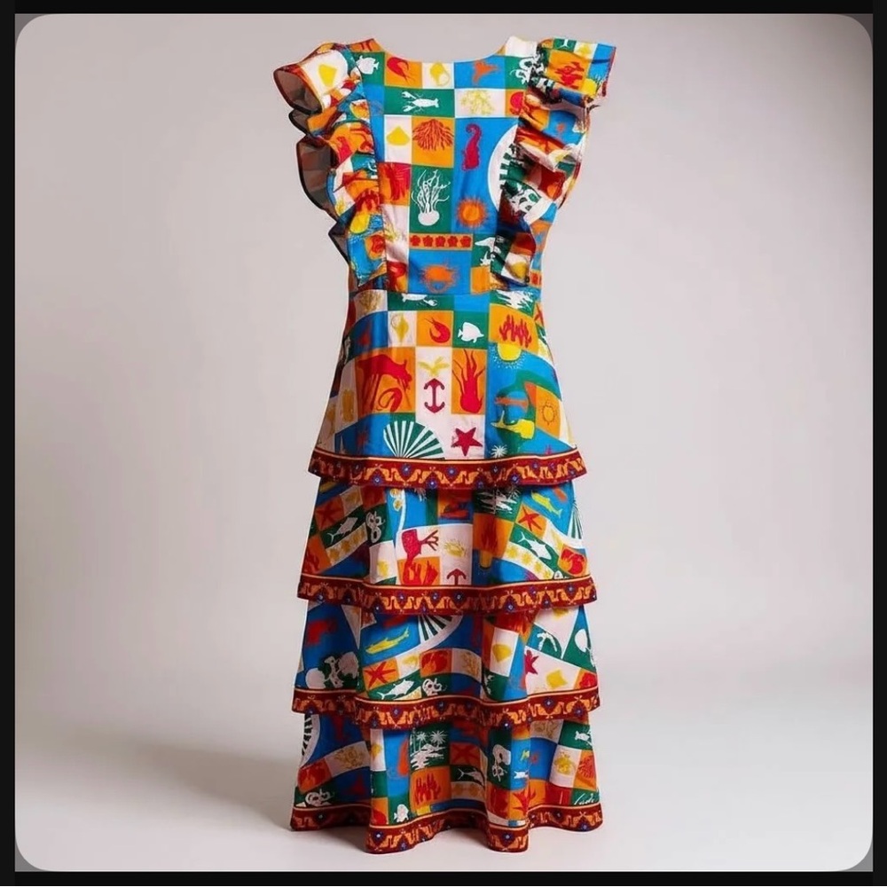 NWT Endless Moon Marine Themed Tiered Maxi Dress Resort Wear